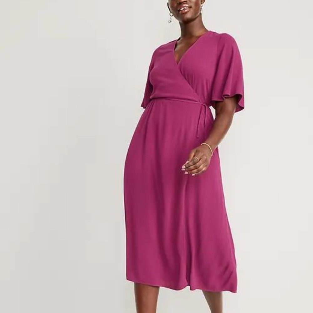 Old Navy Waist-Defined Flutter-Sleeve Midi Wrap Dress for Women New - Picture 2 of 3